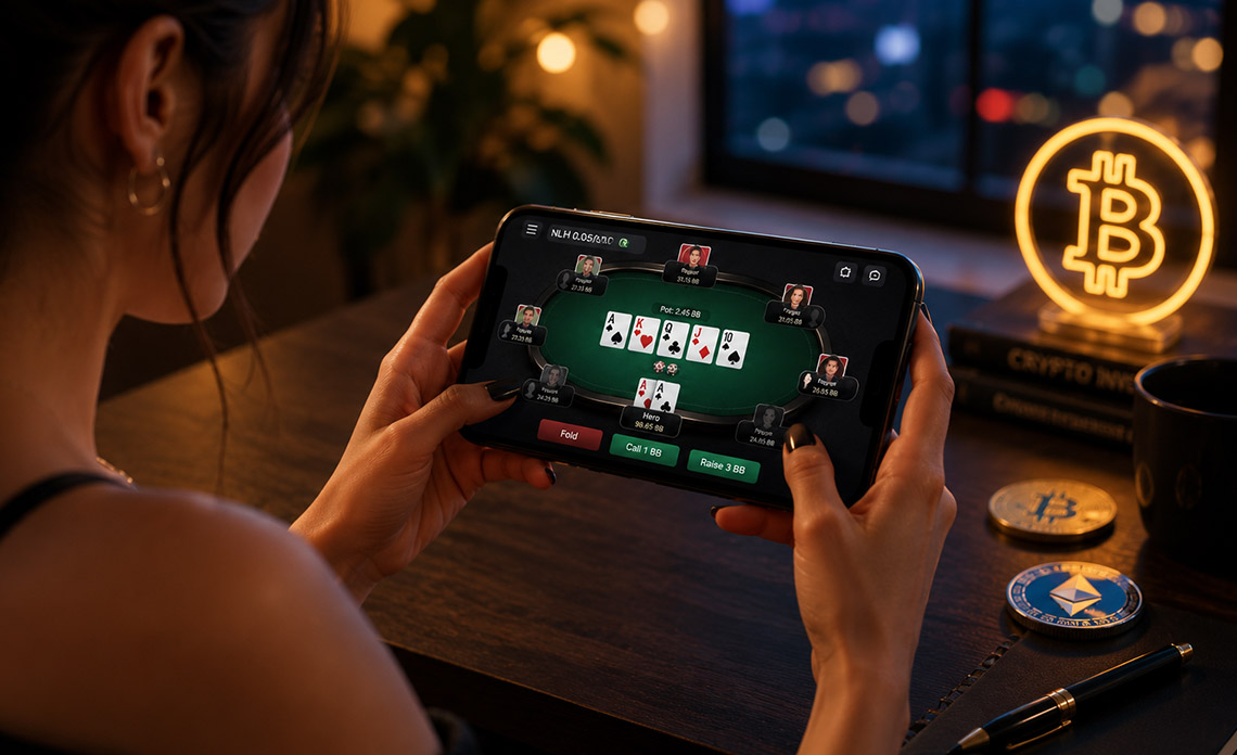 Crypto poker player using a mobile app with Bitcoin and USDT poker clubs