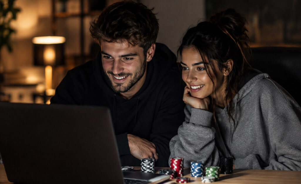 Young couple playing on crypto poker sites using a laptop at home