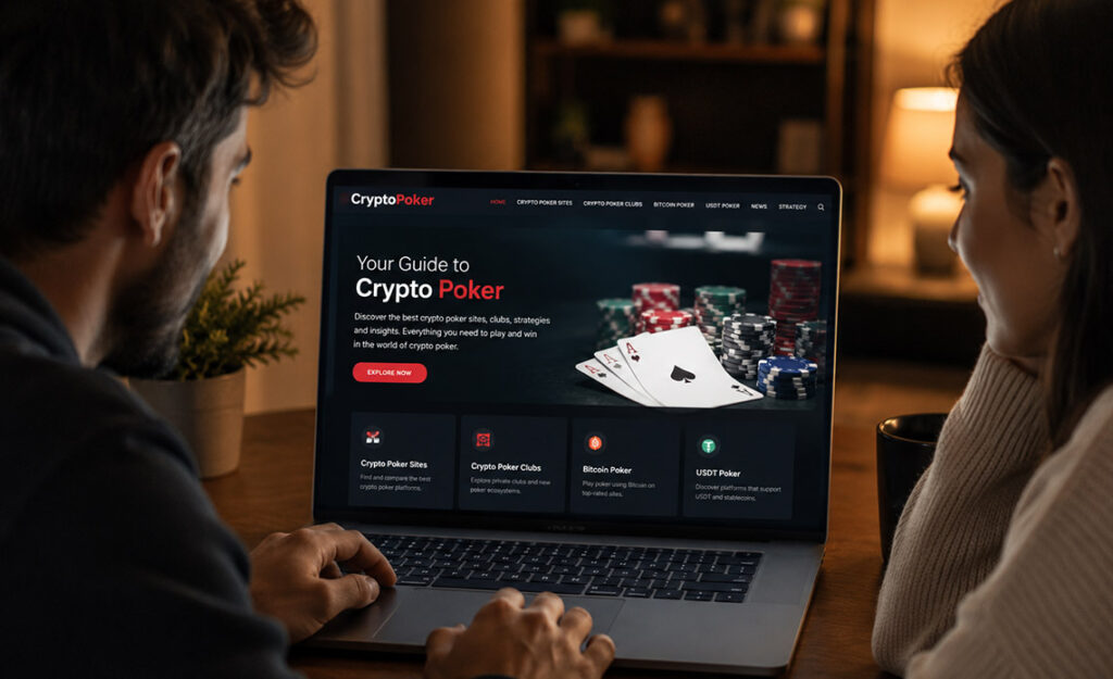 Young couple reviewing crypto poker sites and online poker platforms on a laptop